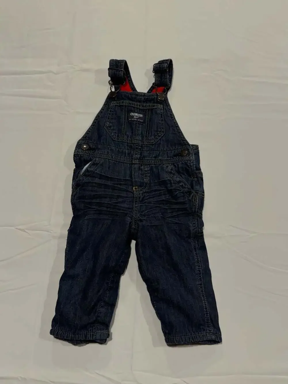 OshKosh B'gosh Baby Denim Red Fleece Lined Vestbak Overalls 9M vintage